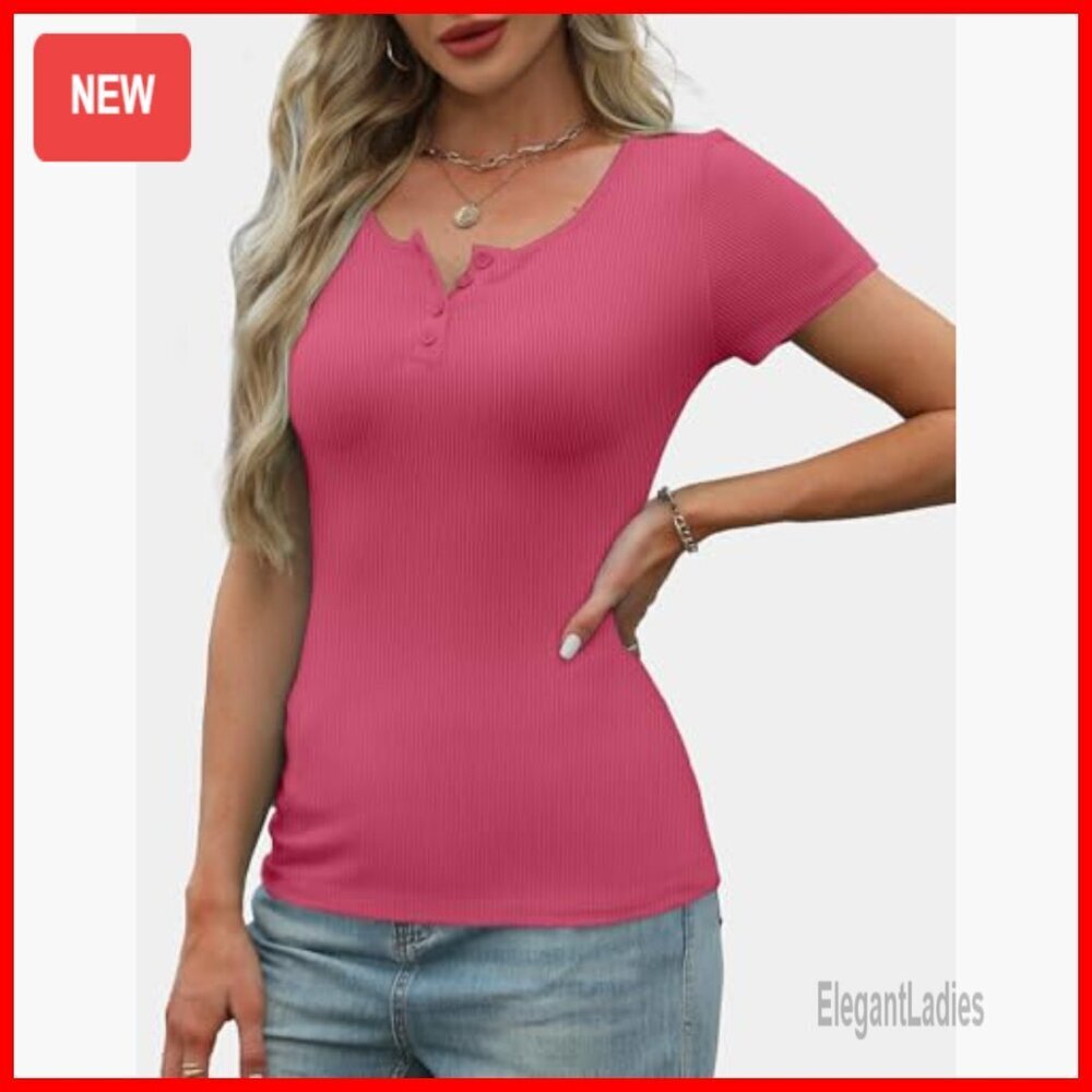 Short Sleeve Ribbed Henley Top Scoop Neck Fitted Tee Summer Basic - Picture 3 of 7